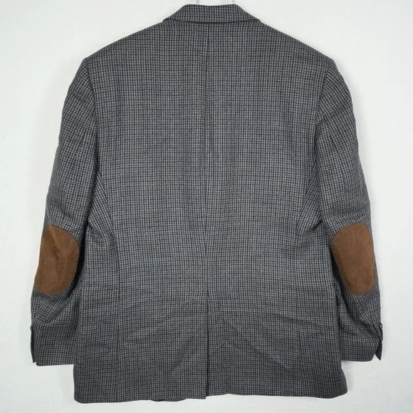 Chaps Mens 44L 100% Wool Houndstooth Sport Coat Blazer Grey Blue Elbow Patches - Picture 4 of 11